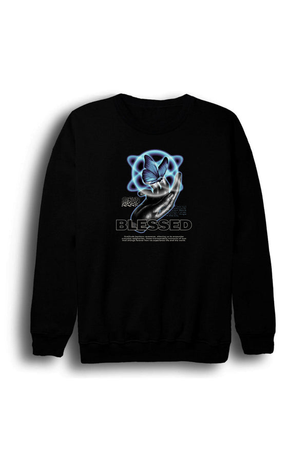 Gül Mavi ışıklı kafatası grafiği baskılı siyah sweatshirt