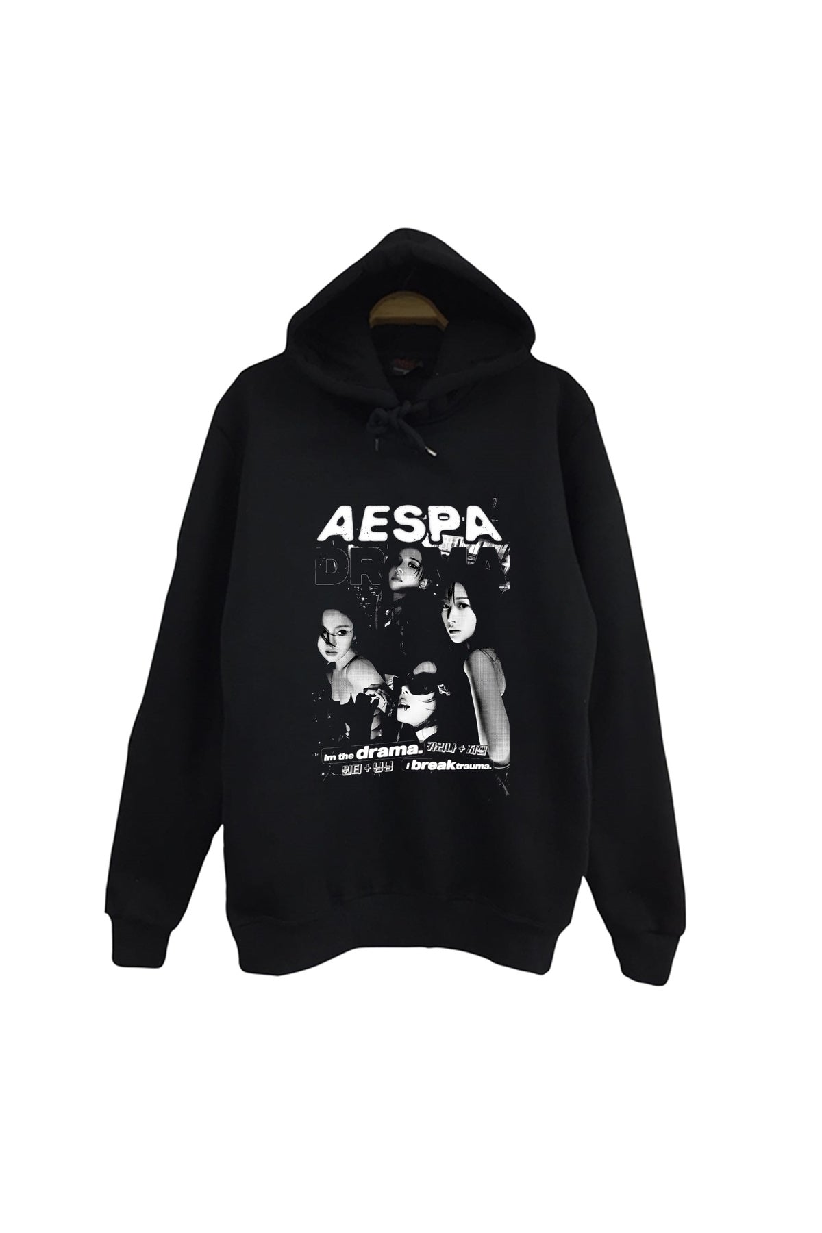 Aespa Müzik Grubu K-Pop Baskılı Unisex %100 Pamuk Kapüşonlu Siyah Sweatshirt