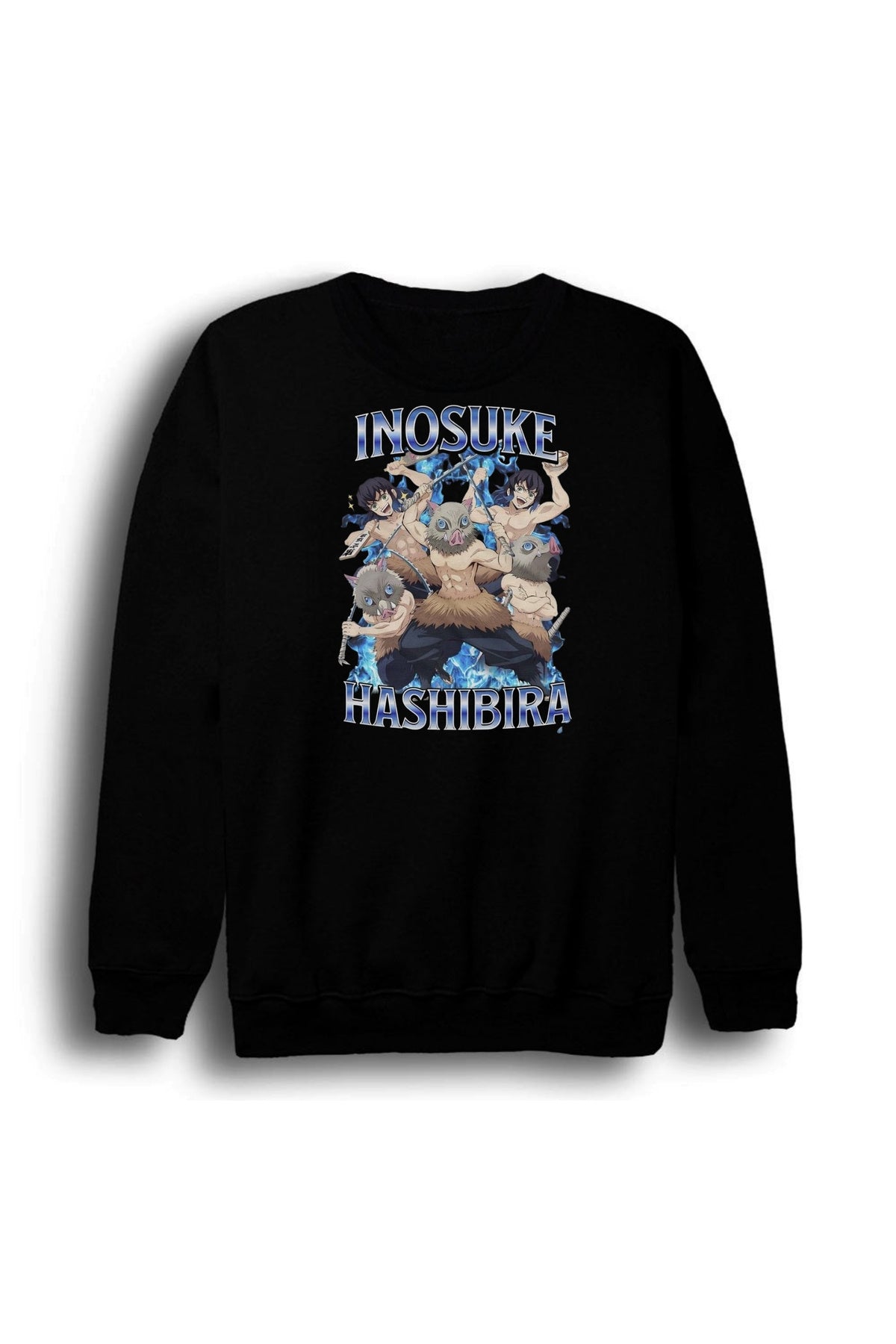 Demon Slayer Inosuke Hashibira Anime Baskılı Unisex %100 Pamuk Siyah Bisiklet Yaka Sweatshirt