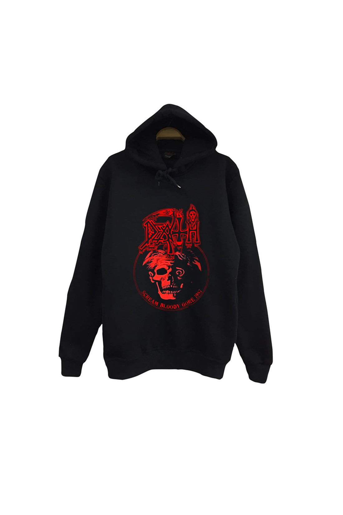 Death Kırmızı logo ve kafatası baskılı siyah kapüşonlu sweatshirt