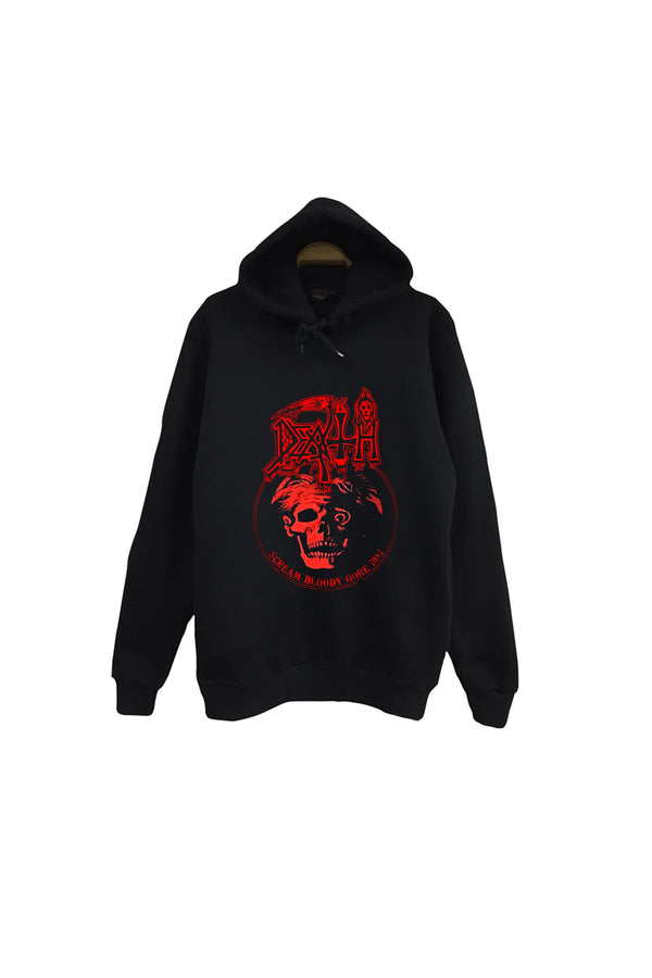Death Kırmızı logo ve kafatası baskılı siyah kapüşonlu sweatshirt