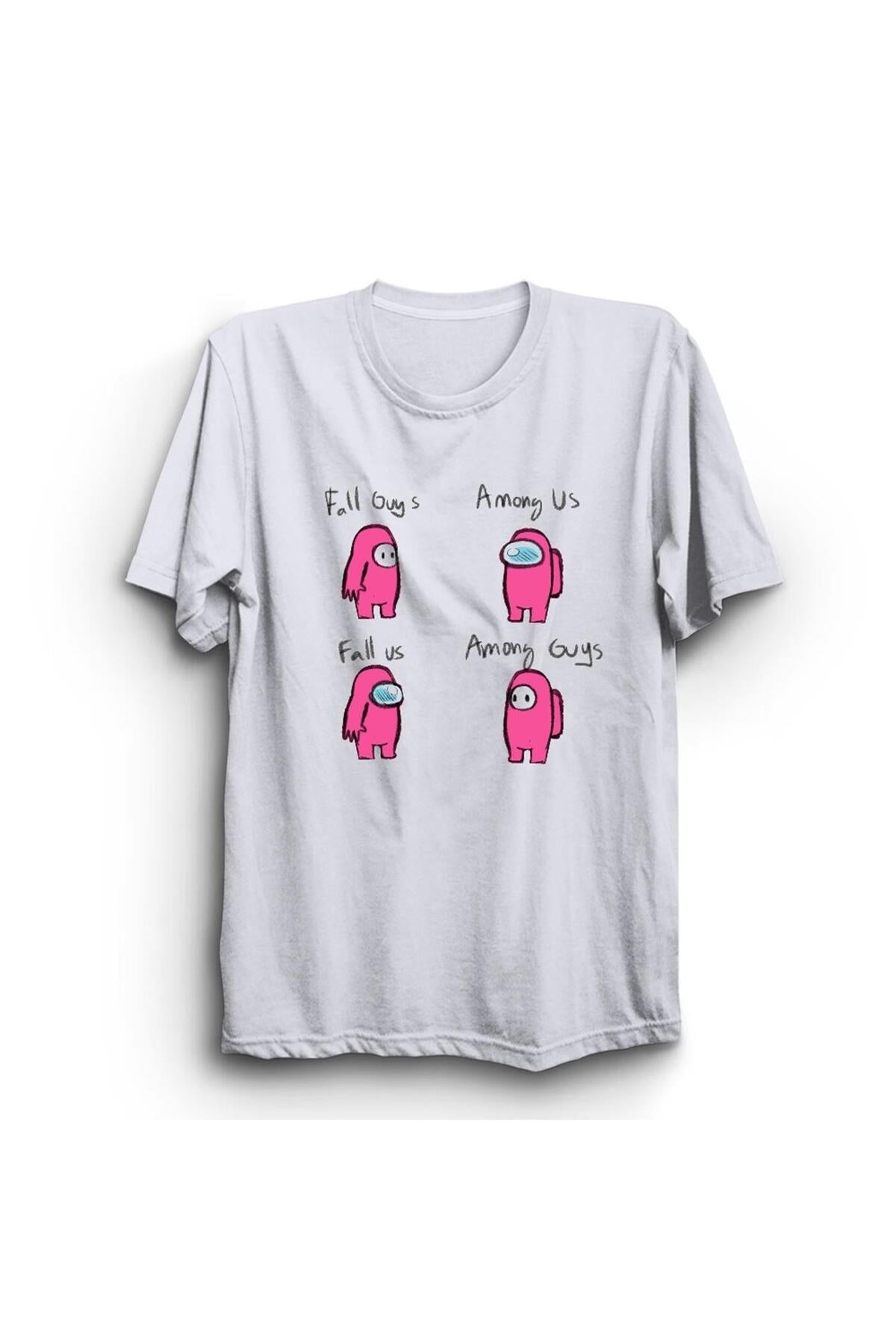 Fall Guys, Among Us, Oyun Baskılı Unisex %100 Pamuk Beyaz T-shirt