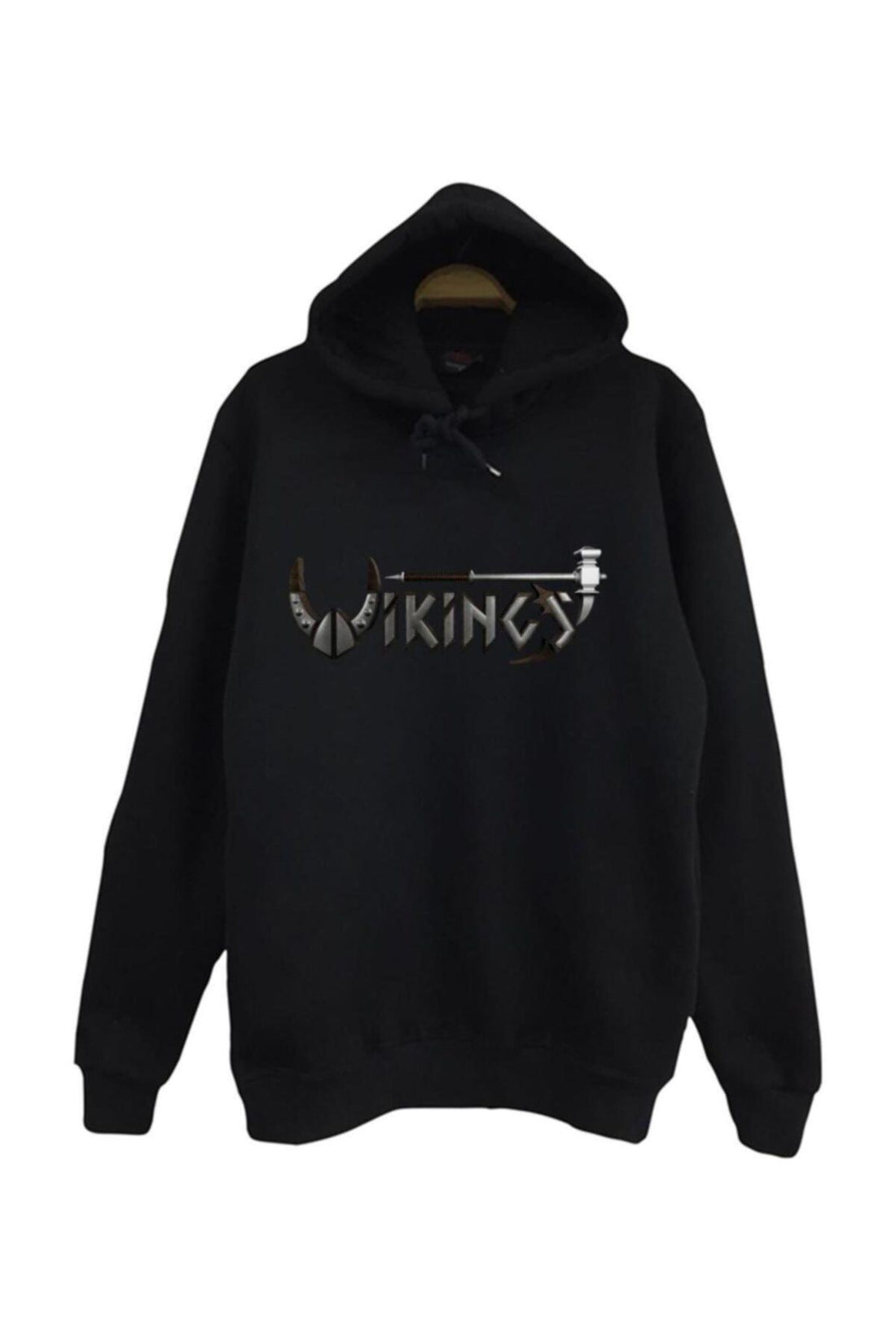 Vikings Baskılı Unisex %100 Pamuk Kapüşonlu Sweatshirt – Siyah