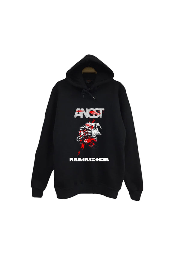 Rammstein - ANGST Baskılı Unisex %100 Pamuk Kapüşonlu Sweatshirt – Siyah