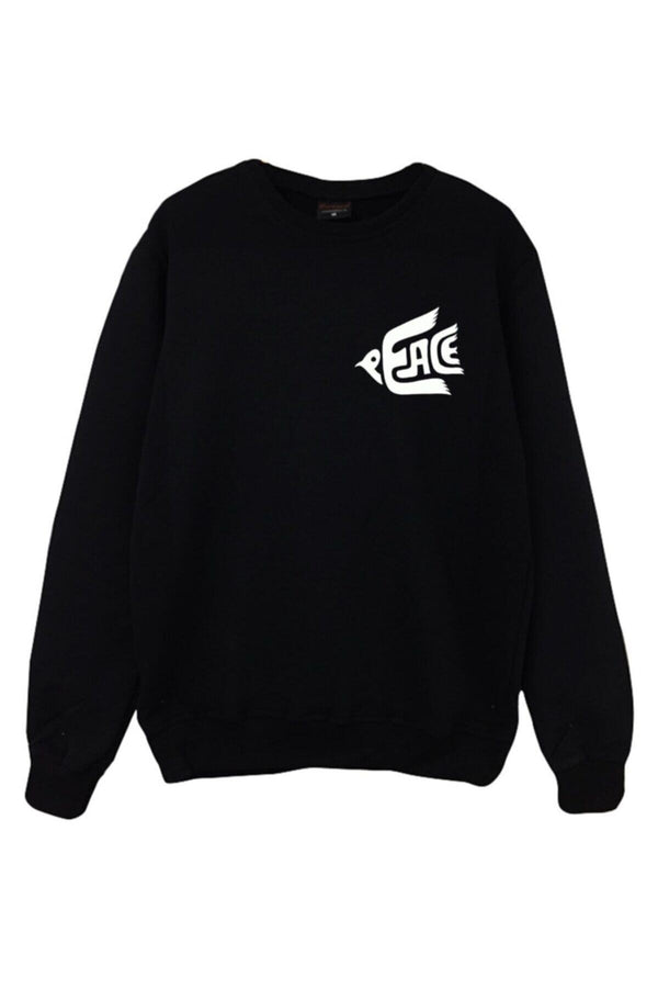 Peace Kuş Baskılı Unisex %100 Pamuk Sweatshirt – Siyah