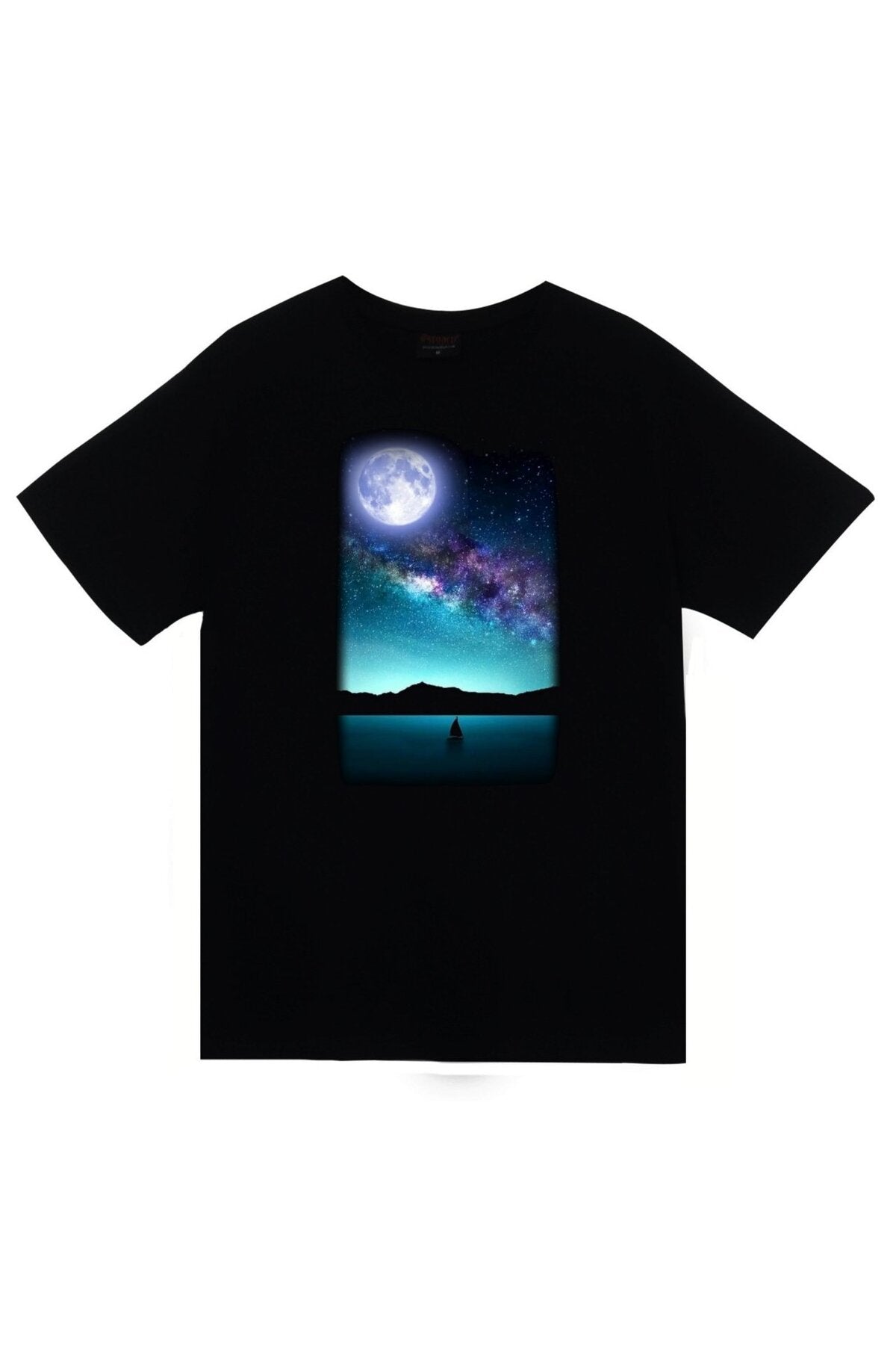 Unisex Siyah Gemi Ay Deniz Galaksi Tişört