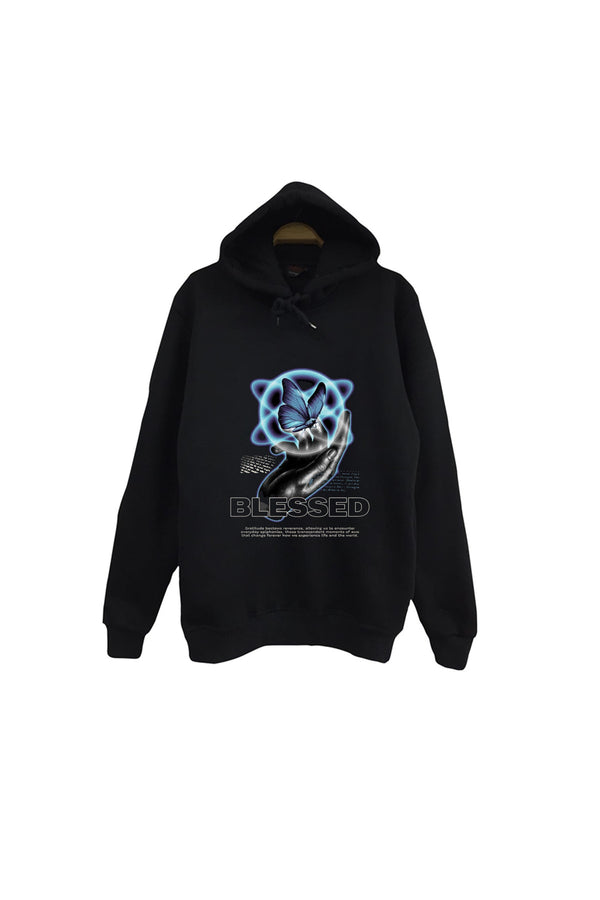 Gül Mavi ışıklı kafatası grafiği baskılı siyah kapüşonlu sweatshirt