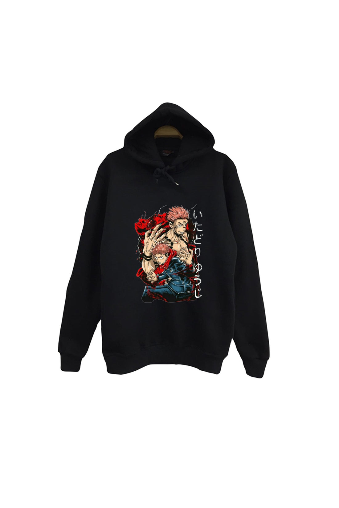 Jujutsu Kaisen Yuji Itadori aksiyon poster baskılı siyah kapüşonlu sweatshirt