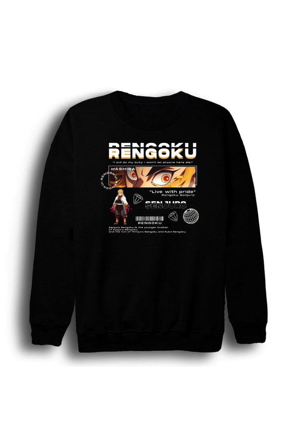 Demon Slayer Kyojuro Rengoku baskılı siyah sweatshirt