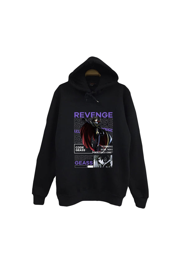 Lelouch Lamperouge REVENGE temalı mor poster baskılı siyah kapüşonlu sweatshirt