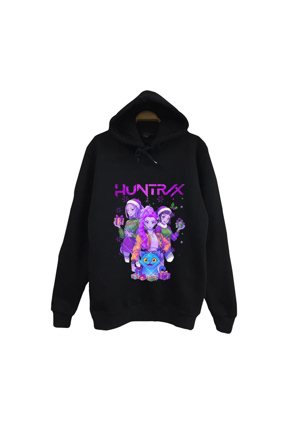 K-Pop Demon Hunters - Huntrix - Yılbaşı Baskılı Unisex %100 Pamuk Kapüşonlu Sweatshirt – Siyah