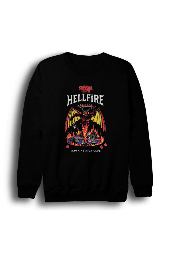 Stranger Things - Hellfire Club - Hawkins School Baskılı Unisex %100 Pamuk Sweatshirt – Siyah