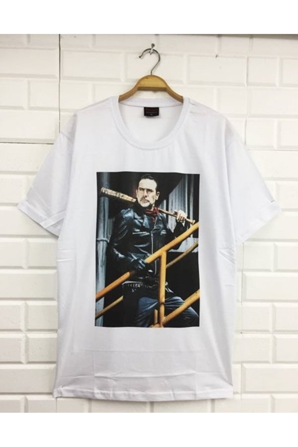 Unisex Beyaz The Walking Dead baskılı beyaz tişört