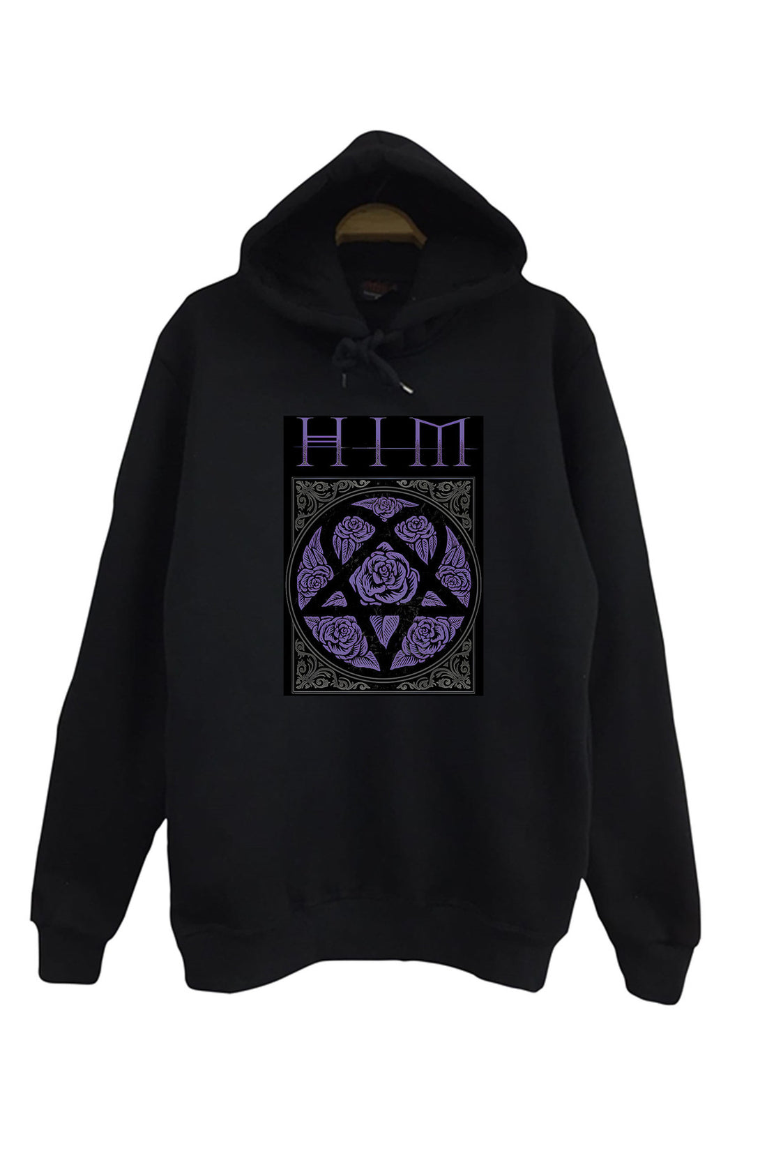 Him Heartagram sembolü ve mor baskılı siyah kapüşonlu sweatshirt