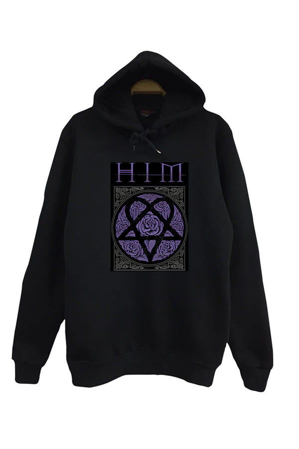 Him Heartagram sembolü ve mor baskılı siyah kapüşonlu sweatshirt