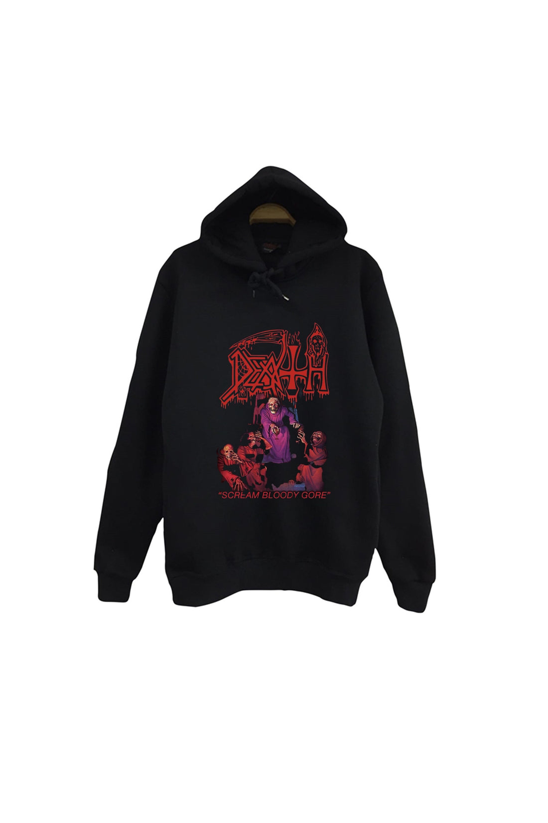 Death Kırmızı tonlu albüm kapağı baskılı siyah kapüşonlu sweatshirt