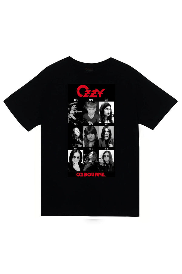 Ozzy Osbourne Siyah-beyaz fotoğraf ızgarası baskılı siyah tişört