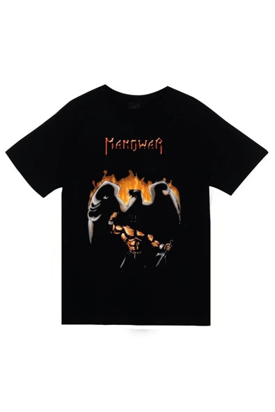 fame-stoned Manowar Baskılı Unisex %100 Pamuk Siyah T-shirt