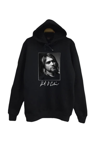 Nirvana-kurt Cobain portre fotoğrafı baskılı siyah kapüşonlu sweatshirt