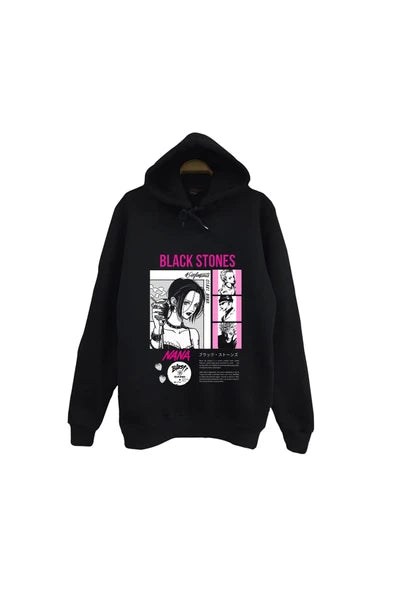 fame-stoned Black Stones Nana Baskılı Unisex %100 Pamuk Kapüşonlu Siyah Sweatshirt