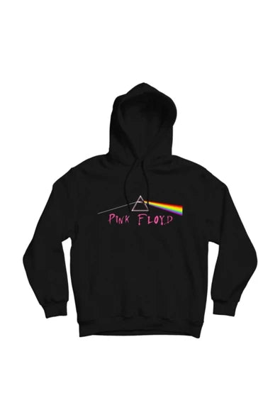 Pink Floyd Prizma ve gökkuşağı, pembe baskılı siyah kapüşonlu sweatshirt