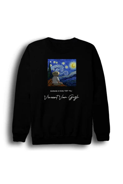 fame-stoned Vincent Van Gogh Baskılı Unisex %100 Pamuk Siyah Bisiklet Yaka Sweatshirt