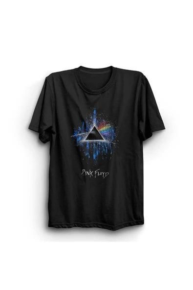 Pink Floyd Prizma ve damlayan renkler baskılı siyah tişört