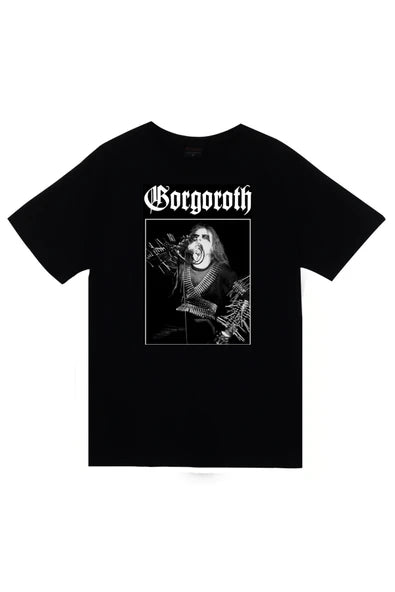 Gorgoroth Müzik Grubu Logosu ve siyah-beyaz sahne baskılı siyah tişört