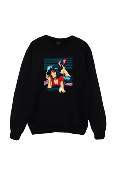 Pulp Fiction baskılı siyah sweatshirt
