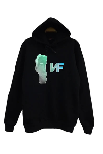 Nf Logo ve turkuaz heykel/portre baskılı siyah kapüşonlu sweatshirt