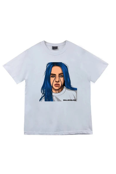fame-stoned Unisex Beyaz Billie Eilish Baskılı Beyaz %100 Pamuk T-shirt