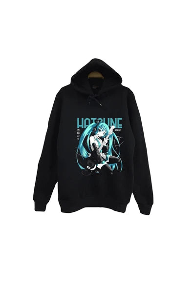 Hatsune Miku Anime Hotline' temalı baskılı siyah kapüşonlu sweatshirt