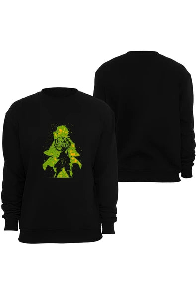 Demon Slayer Anime Yeşil sprey efektli takım baskılı siyah sweatshirt