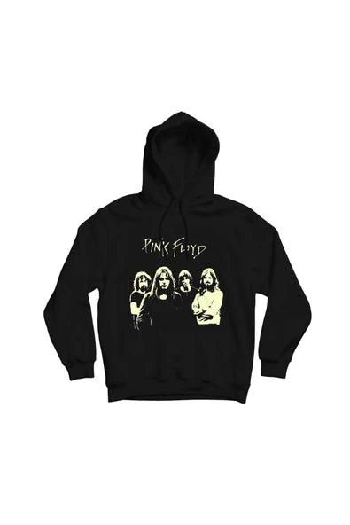 Pink Floyd Üyeleri siyah-beyaz fotoğrafı baskılı siyah kapüşonlu sweatshirt