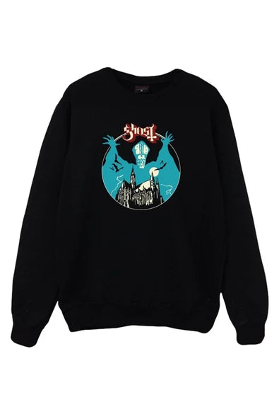 Ghost Turkuaz daire içinde katedral baskılı siyah sweatshirt