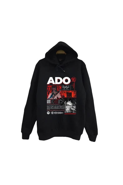 fame-stoned Ado Japon - K-Pop - Rock - Müzik Baskılı Unisex %100 Pamuk Kapüşonlu Siyah Sweatshirt