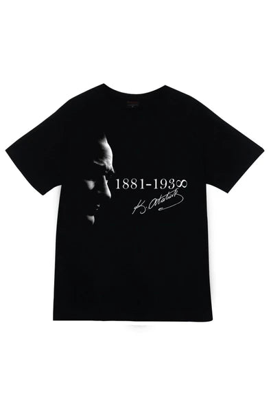 fame-stoned Gazi Mustafa Kemal Atatürk Baskılı Unisex %100 Pamuk Siyah T-shirt