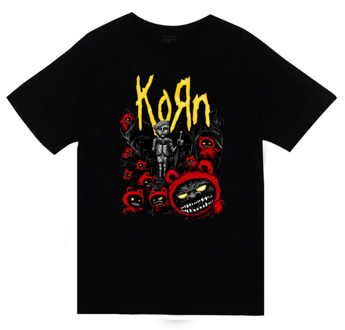 Korn - Band Sarı logo, robot çocuk baskılı siyah tişört
