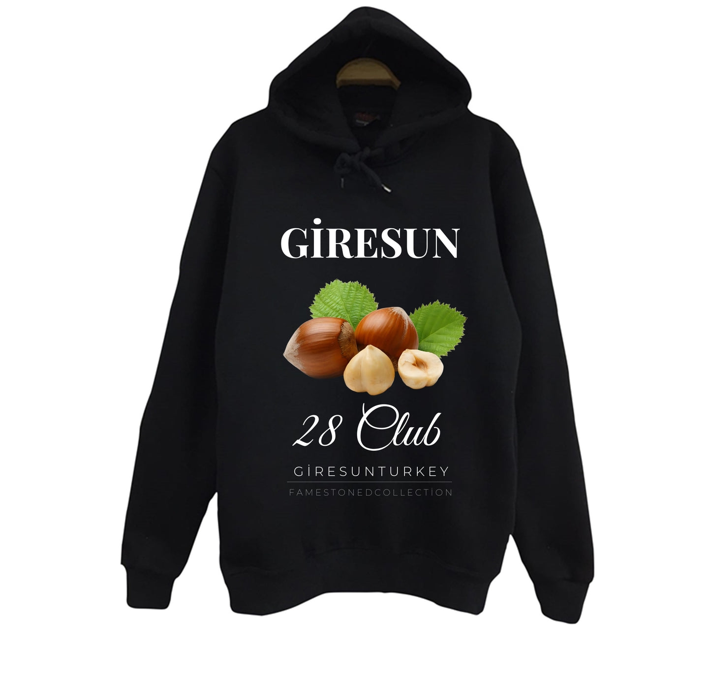 Giresun - 28 - Fındık - Ada - Şehir Baskılı Unisex %100 Pamuk Siyah Kapüşonlu Sweatshirt