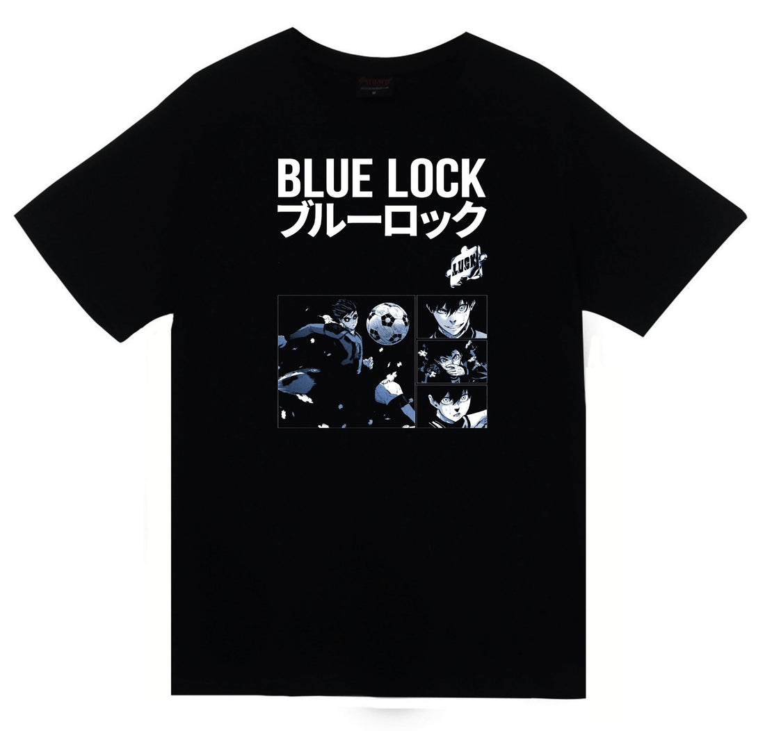 Blue Lock Anime Yoichi Isagi mavi kare baskılı siyah tişört