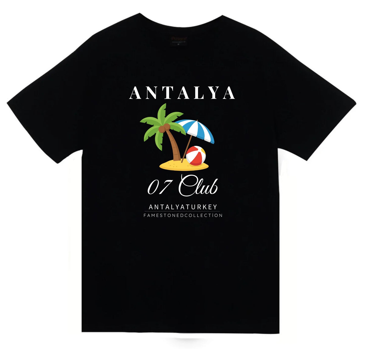 Antalya 07 Beach - Sahil - Deniz - Plaj - Yaz Tatili - Şehir Baskılı Unisex %100 Pamuk Siyah T-shirt