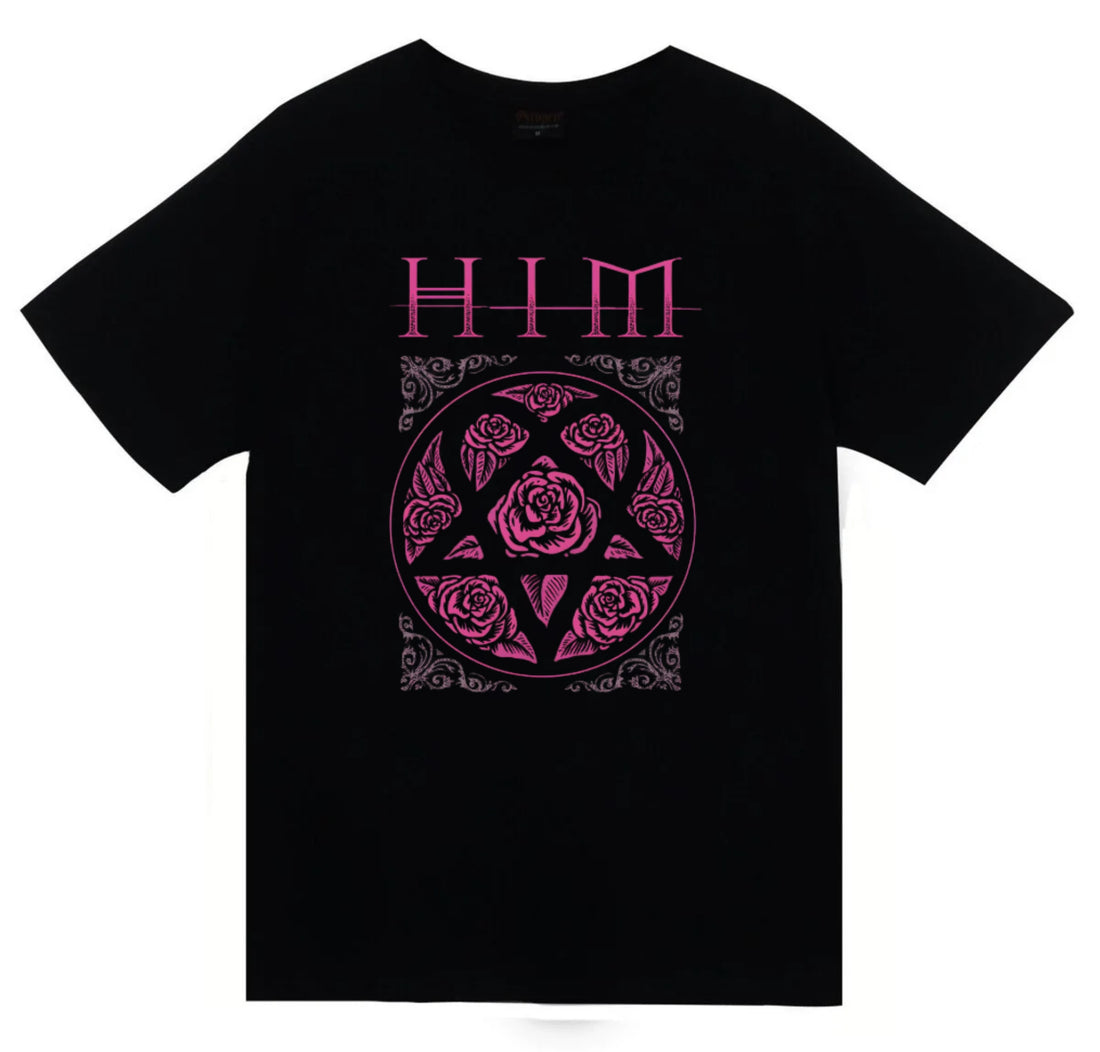 Him Pembe Heartagram amblemi baskılı siyah tişört