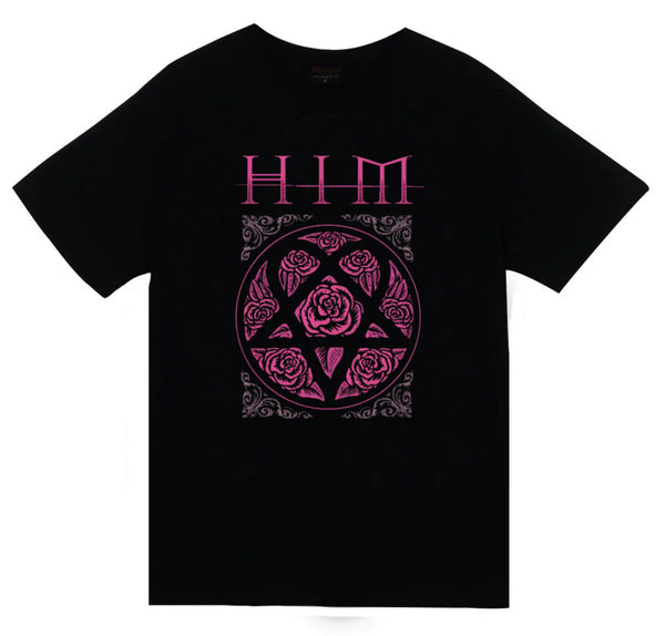 Him Pembe Heartagram amblemi baskılı siyah tişört