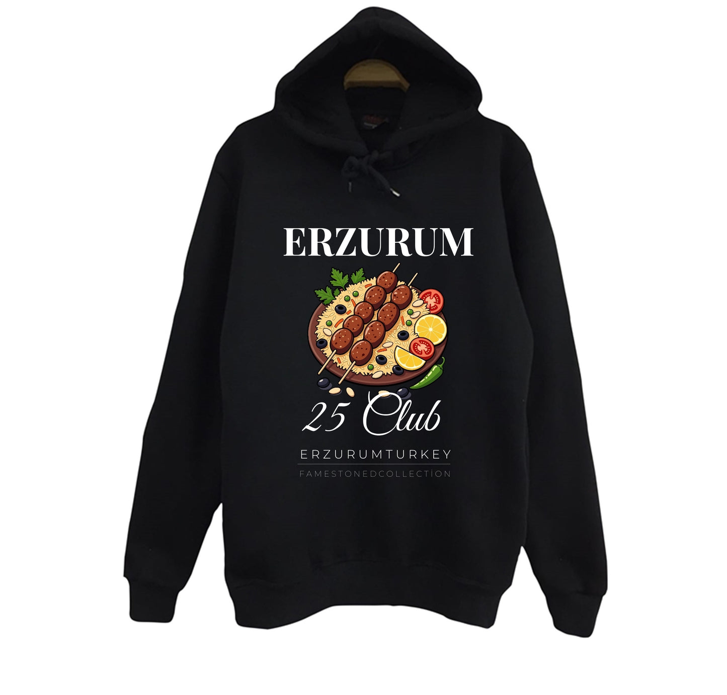Erzurum 25 Palandöken - Cağ Kebabı - Şehir Baskılı Unisex %100 Pamuk Siyah Kapüşonlu Sweatshirt