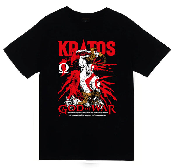 God Of War - Kratos kırmızı-beyaz illüstrasyon baskılı siyah tişört