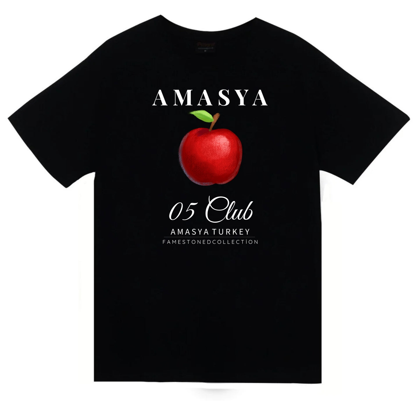 Amasya -05 - Elma - Şehir Baskılı Unisex %100 Pamuk Siyah T-shirt