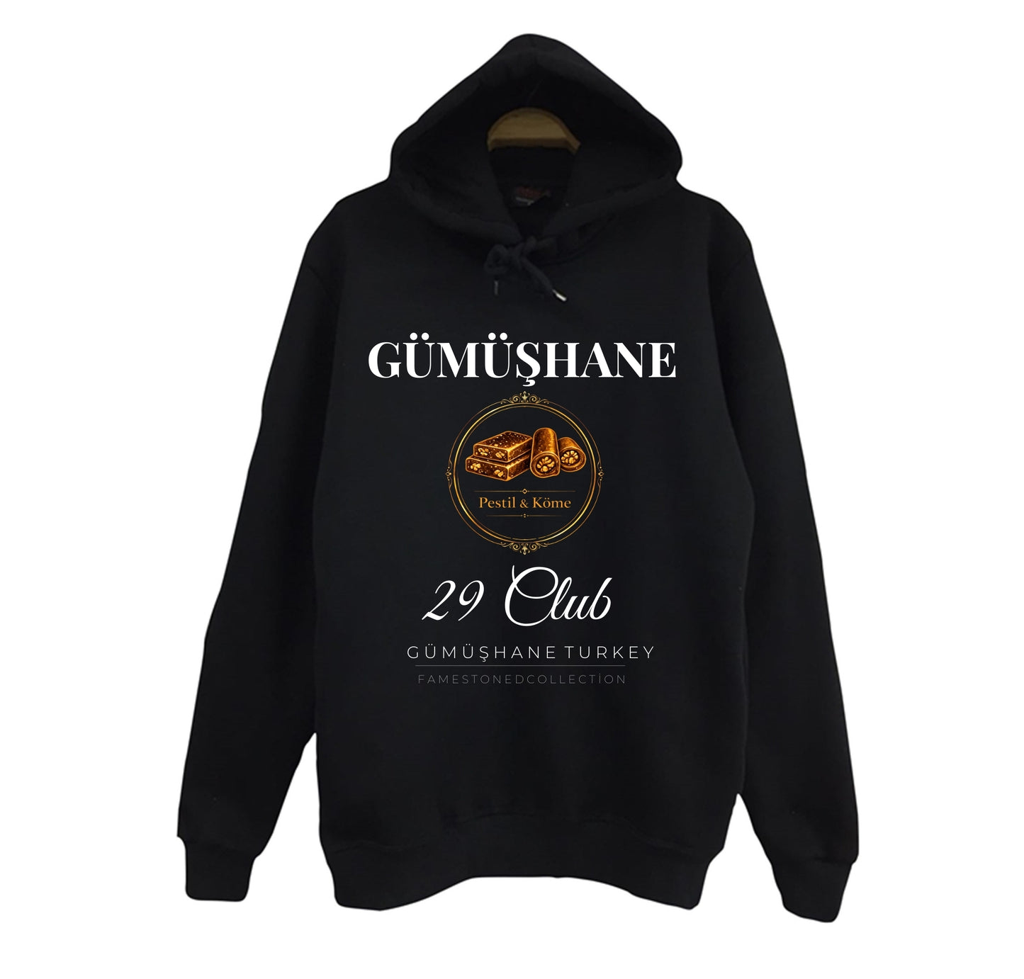 Gümüşhane - 29 - Pestil - Köme - Şehir Baskılı Unisex %100 Pamuk Siyah Kapüşonlu Sweatshirt