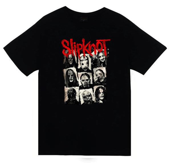 Slipknot Maskeli dokuz üyenin fotoğraf baskılı siyah tişört