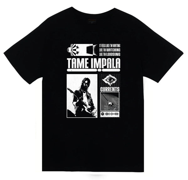 Tame Impala Müzik Grubu Siyah beyaz Currents afiş baskılı siyah tişört