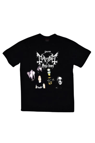 Mayhem Logosu ve korpse makyajlı baskılı siyah tişört